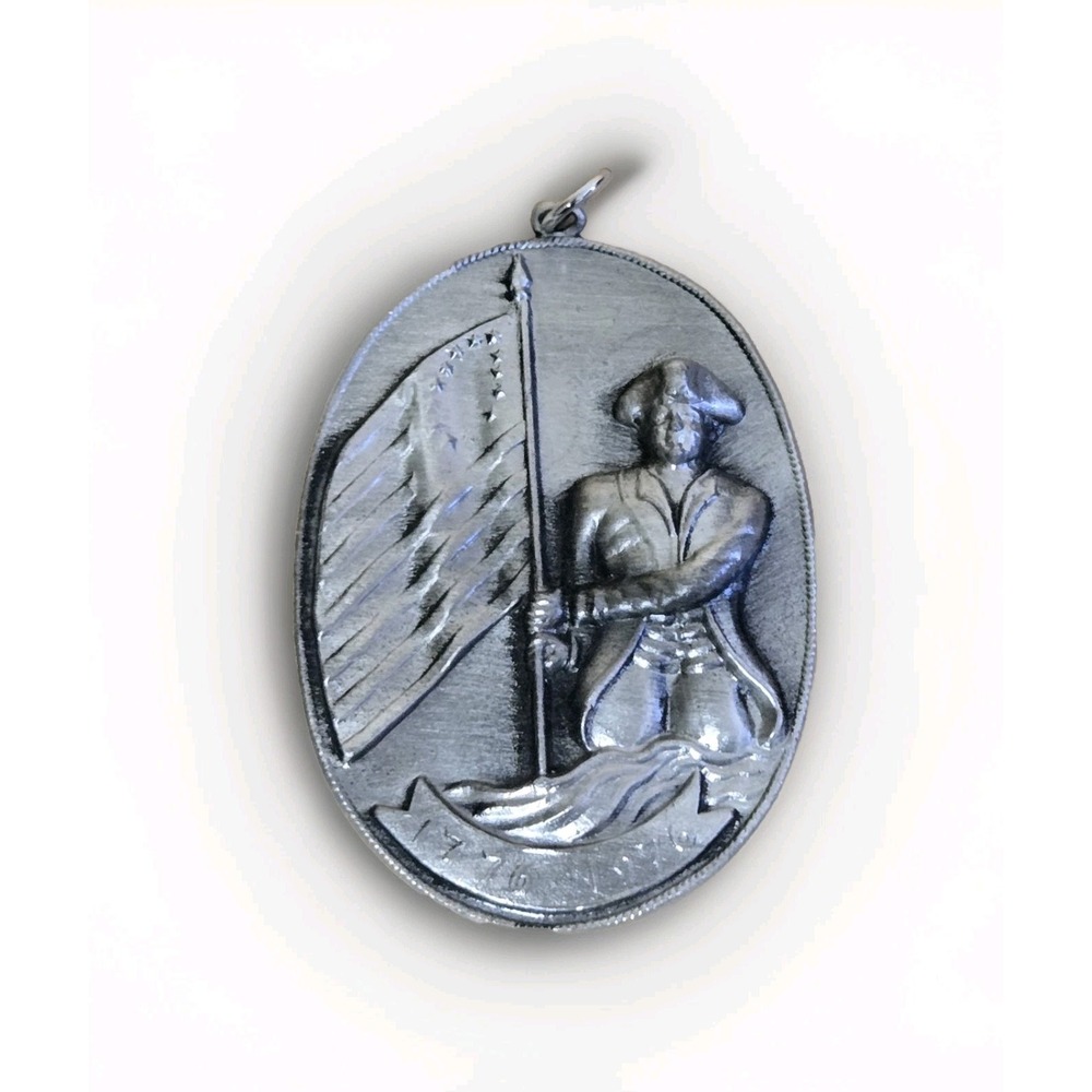 Pewter Vintage Bicentennial 1776-1976 Pendant Soldier Flag Necklace Signed Peri